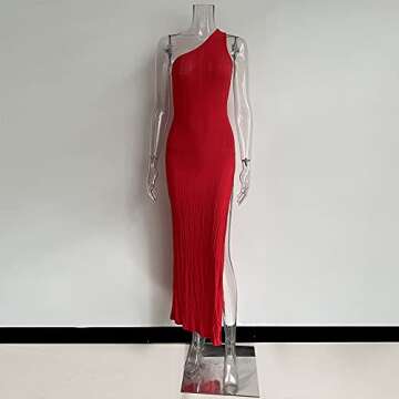 XLLAIS Ribbed Dress - Sexy One Shoulder Split Maxi Long Dresses Beachwear (Small, Red)
