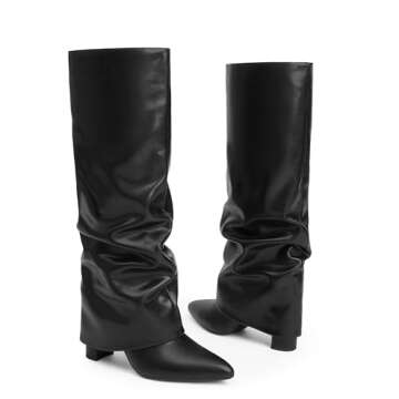 Modatope Black Slouchy Boots Women Black Slouchy Fold Over Knee High Boots Chunky High Heeled Tall B...