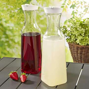 STORi Clear Plastic 50-ounce Square Base Beverage Carafes | set of 2 | White Lids