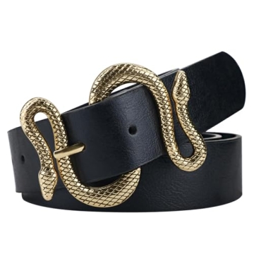 Taffeta Alley Vintage Black Leather Belts for Women, Versatile Snake Buckle