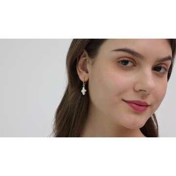 Iutymu Nature Freshwater Pearl Cross Earrings Elegant Christian Pearl Jewelry, Beachy Pearl Jewelry, Cross Pearl Earrings, Baroque Pearl Earrings (Gold Edge)