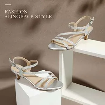 IDIFU Women's Dressy Strappy 2 Inch Low Kitten Heel Open Toe Sandals Dress Shoes for Woman Lady in Bridal Dance Evening(Silver Glitter, 8)