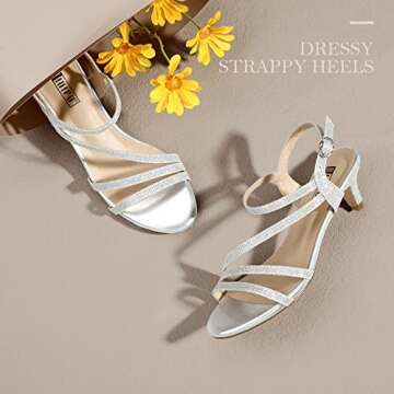 IDIFU Women's Dressy Strappy 2 Inch Low Kitten Heel Open Toe Sandals Dress Shoes for Woman Lady in Bridal Dance Evening(Silver Glitter, 8)