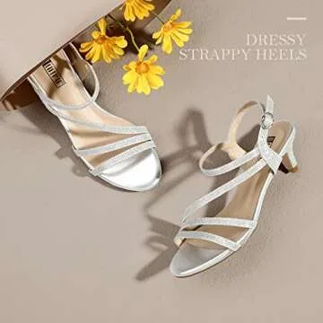 IDIFU Women's Dressy Strappy 2 Inch Low Kitten Heel Open Toe Sandals Dress Shoes for Woman Lady in Bridal Dance Evening(Silver Glitter, 8)