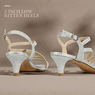 IDIFU Women's Dressy Strappy 2 Inch Low Kitten Heel Open Toe Sandals Dress Shoes for Woman Lady in Bridal Dance Evening(Silver Glitter, 8)