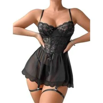 Lilosy Sexy Lace Garter Belt Babydoll Lingerie Set with Thong
