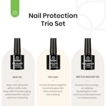Beetles 3 Pcs Beetles Builder Gel No Wipe Base Top Coat Set, Shine Finish and Long Lasting, Soak Off LED Transparent Builder Strengthener Hard Gel,Glossy Gel for Nail Art