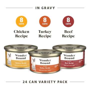 Amazon Brand - Wonder Bound Gourmet Wet Cat Food in Gravy Variety Pack (Turkey, Chicken, Beef), Poultry, Made in USA, 3 Ounce (Pack of 24)