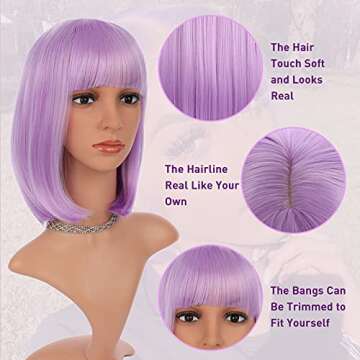 eNilecor Short Bob Hair Wigs 12" Straight with Flat Bangs Synthetic Colorful Cosplay Daily Party Wig for Women Natural As Real Hair+ Free Wig Cap (Lavender Purple)