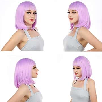 eNilecor Short Bob Hair Wigs 12" Straight with Flat Bangs Synthetic Colorful Cosplay Daily Party Wig for Women Natural As Real Hair+ Free Wig Cap (Lavender Purple)