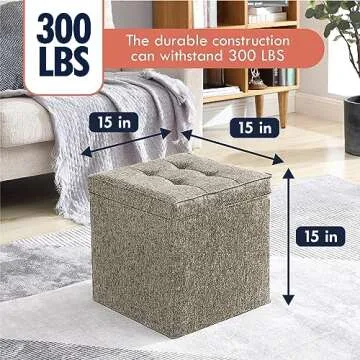 Ornavo Home Square Storage Ottoman Linen Foldable Tufted Cube Storage Ottoman Foot Rest Stool/Seat with Table Top Lid, Coffee Table Ottoman - 15" x 15" x 15" (Beige)