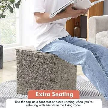 Ornavo Home Square Storage Ottoman Linen Foldable Tufted Cube Storage Ottoman Foot Rest Stool/Seat with Table Top Lid, Coffee Table Ottoman - 15" x 15" x 15" (Beige)