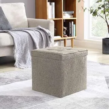 Ornavo Home Square Storage Ottoman Linen Foldable Tufted Cube Storage Ottoman Foot Rest Stool/Seat with Table Top Lid, Coffee Table Ottoman - 15" x 15" x 15" (Beige)
