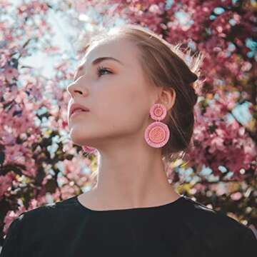 Boho Raffia Dangle Stainless Steel Earrings - Summer Vibes in Babay Pink