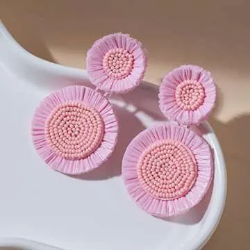 Handmade Tropical Flower Raffia Earrings for Summer