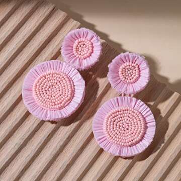 Handmade Tropical Flower Raffia Earrings for Summer