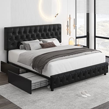 Keyluv Modern Upholstered Bed Frame with 4 Storage Drawers, Faux Leather Platform Bed with Button Tu...