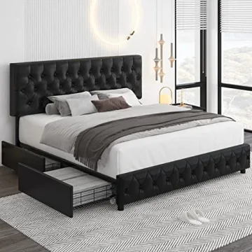 Keyluv Modern Upholstered Bed Frame with 4 Storage Drawers, Faux Leather Platform Bed with Button Tu...