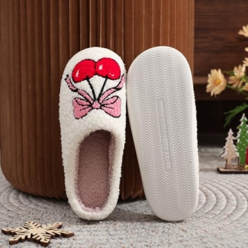 NMHOO Cherry Bow Slippers for Womens Mens Fluffy Memory Foam Slip On Cherry Bowknot Slippers with Cozy Faux Fur Lined House Shoes 37-38