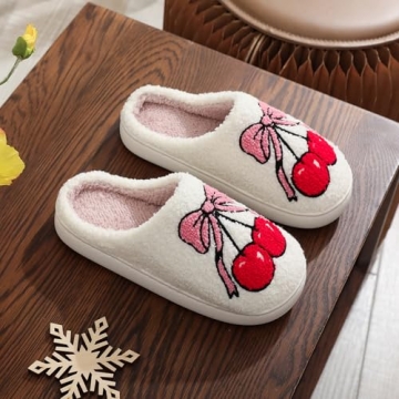 NMHOO Cherry Bow Slippers for Womens Mens Fluffy Memory Foam Slip On Cherry Bowknot Slippers with Cozy Faux Fur Lined House Shoes 37-38