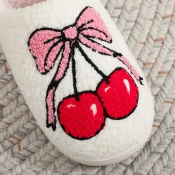 NMHOO Cherry Bow Slippers for Womens Mens Fluffy Memory Foam Slip On Cherry Bowknot Slippers with Cozy Faux Fur Lined House Shoes 37-38