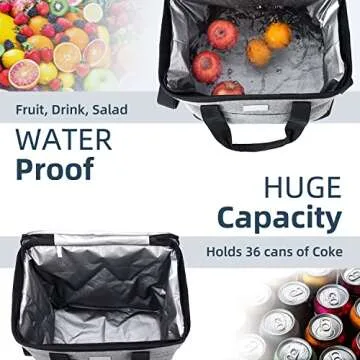 Vuudh Collapsible Cooler Bag - 36 Can Insulated Lunch Bag, Leakproof Cooler Portable Tote for Camping, Picnic, Grocery Shopping (Grey)