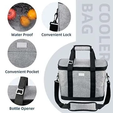 Vuudh Collapsible Cooler Bag - 36 Can Insulated Lunch Bag, Leakproof Cooler Portable Tote for Camping, Picnic, Grocery Shopping (Grey)