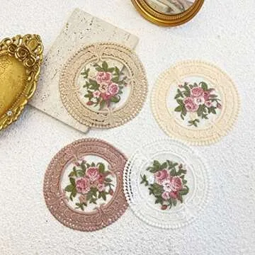 4.5" Embroidered Fabric Coasters, 8pcs Cloth Coasters for Ceramic Cup, Vintage Lace Embroidery Coasters for Tea, Soft Floral Doilies for Home, Wedding, Tabletop Photography Decoration (Deep Pink)