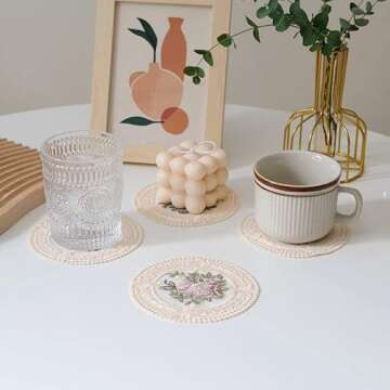 4.5" Embroidered Fabric Coasters, 8pcs Cloth Coasters for Ceramic Cup, Vintage Lace Embroidery Coasters for Tea, Soft Floral Doilies for Home, Wedding, Tabletop Photography Decoration (Deep Pink)