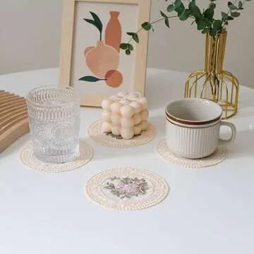 4.5" Embroidered Fabric Coasters, 8pcs Cloth Coasters for Ceramic Cup, Vintage Lace Embroidery Coasters for Tea, Soft Floral Doilies for Home, Wedding, Tabletop Photography Decoration (Deep Pink)