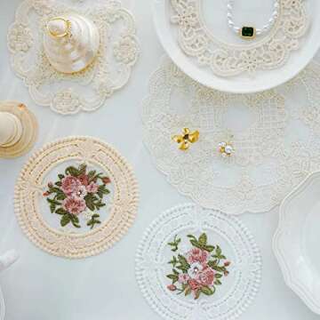 4.5" Embroidered Fabric Coasters, 8pcs Cloth Coasters for Ceramic Cup, Vintage Lace Embroidery Coasters for Tea, Soft Floral Doilies for Home, Wedding, Tabletop Photography Decoration (Deep Pink)