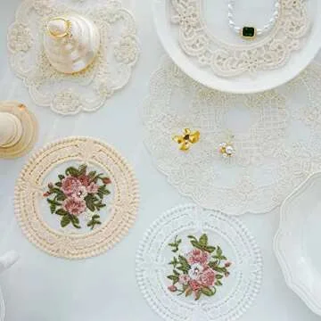 4.5" Embroidered Fabric Coasters, 8pcs Cloth Coasters for Ceramic Cup, Vintage Lace Embroidery Coasters for Tea, Soft Floral Doilies for Home, Wedding, Tabletop Photography Decoration (Deep Pink)