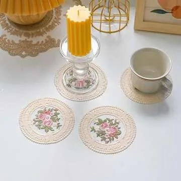 4.5" Embroidered Fabric Coasters, 8pcs Cloth Coasters for Ceramic Cup, Vintage Lace Embroidery Coasters for Tea, Soft Floral Doilies for Home, Wedding, Tabletop Photography Decoration (Deep Pink)