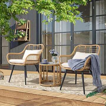 JOIVI 3 Piece Patio Bistro Set, Wicker Outdoor Patio Set with Enhanced Comfort Seating, Round Glass ...