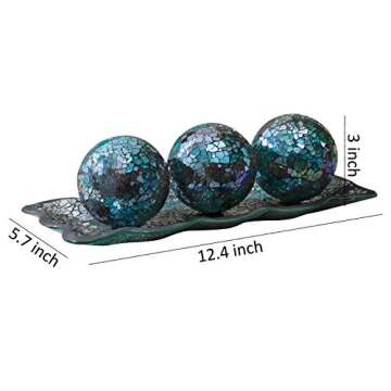 Elegant KMwares 12.4” Mosaic Glass Decorative Tray with 3 Decorative Orbs for Stunning Home Center...