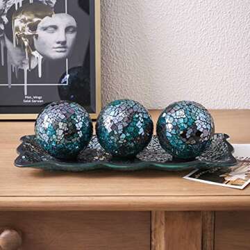 KMwares Mosaic Glass Decorative Tray & 3 Decorative Orbs