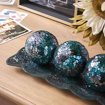 KMwares Mosaic Glass Decorative Tray & 3 Decorative Orbs