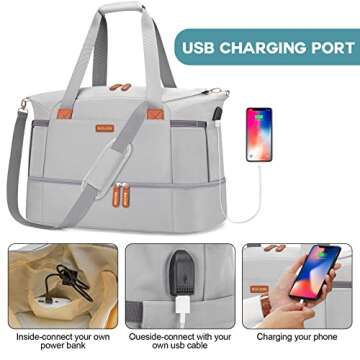 BAGODI Gym Bag for Women, Weekender Overnight Bag with USB Charging Port, Sport Travel Duffel Bag with Wet Pocket & Shoe Compartment, Carry on Tote Bag for Travel/Gym/School 5 Pcs Set