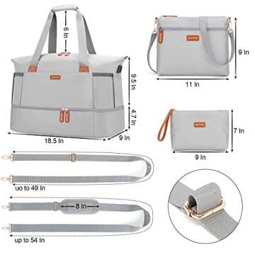 BAGODI Gym Bag for Women, Weekender Overnight Bag with USB Charging Port, Sport Travel Duffel Bag with Wet Pocket & Shoe Compartment, Carry on Tote Bag for Travel/Gym/School 5 Pcs Set