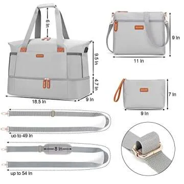 BAGODI Gym Bag for Women, Weekender Overnight Bag with USB Charging Port, Sport Travel Duffel Bag with Wet Pocket & Shoe Compartment, Carry on Tote Bag for Travel/Gym/School 5 Pcs Set