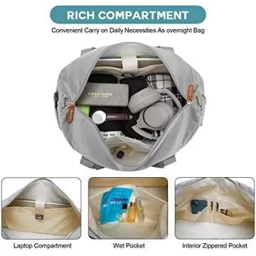 BAGODI Gym Bag for Women, Weekender Overnight Bag with USB Charging Port, Sport Travel Duffel Bag with Wet Pocket & Shoe Compartment, Carry on Tote Bag for Travel/Gym/School 5 Pcs Set