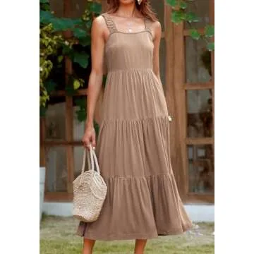 PRETTYGARDEN Women's Summer Casual Sleeveless Swing Summer Dress Wedding Guest Flowy Tiered Maxi Beach Vacation Sundress (Khaki,Small)