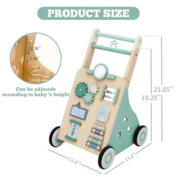 Wooden Baby Walker, Wood Push Walker Adjustable Height and Speed Multiple Learning Activity Walker B...