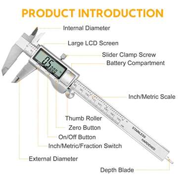 Digital Caliper, Sangabery 6 inch Stainless Steel Caliper Measuring Tool with Inch/Metric/Fractions Conversion and Large LCD Display, Perfect for DIY, Household and Professional Use