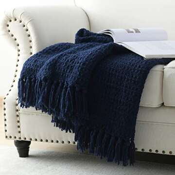 Chunky Knit Throw Blanket, Navy Blue Soft Warm Cozy Bed Blanket with Tassels, Boho Style Textured Kn...