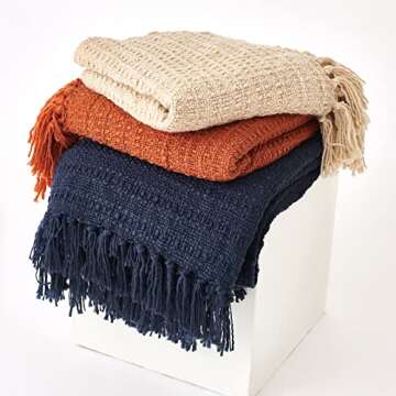 Chunky Knit Throw Blanket, Navy Blue Soft Warm Cozy Bed Blanket with Tassels, Boho Style Textured Knitted Home Decorative for Couch, Sofa &Bed, 50"x60"