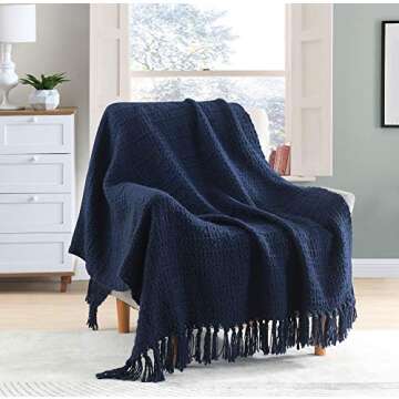 Chunky Knit Throw Blanket, Navy Blue Soft Warm Cozy Bed Blanket with Tassels, Boho Style Textured Knitted Home Decorative for Couch, Sofa &Bed, 50"x60"