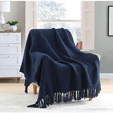 Chunky Knit Throw Blanket in Navy Blue Cozy and Soft