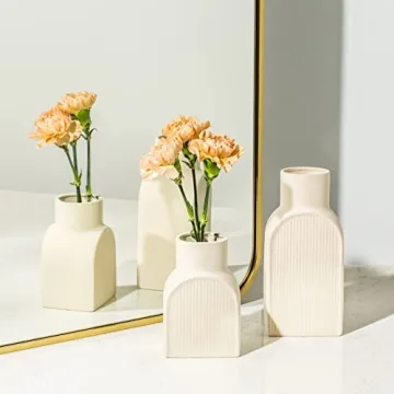 Home Habitat Ceramic Ribbed Vases - 2 Piece Set, Small and Large Vase, Bottle Flower Planter Set. Scandi Style Home Decor. Neutral Cream Home Decor, Coastal Decor for Home, Centerpiece for Table