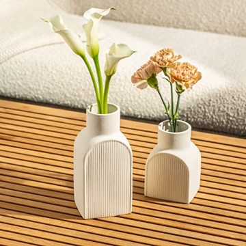 Home Habitat Ceramic Ribbed Vases - 2 Piece Set, Small and Large Vase, Bottle Flower Planter Set. Scandi Style Home Decor. Neutral Cream Home Decor, Coastal Decor for Home, Centerpiece for Table